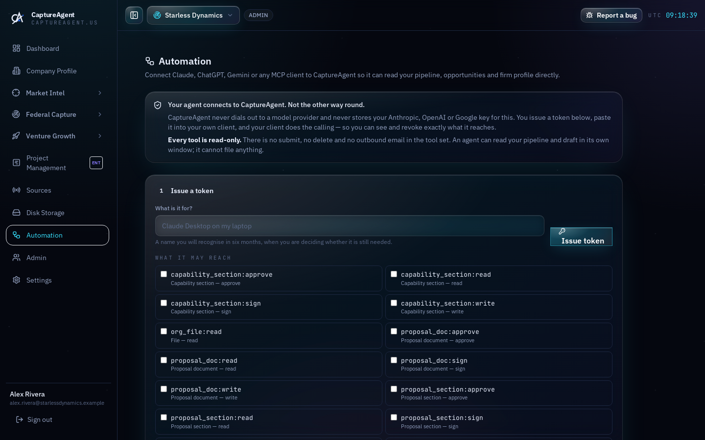 Agent tokens with fine-grained scopes and last-used timestamps