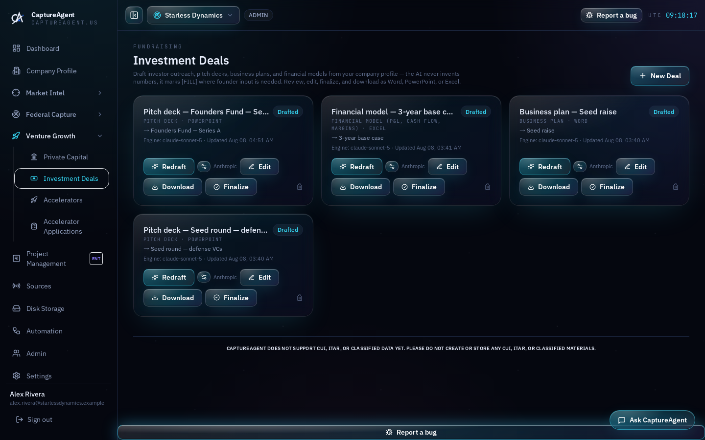Investment deal workspace with the generated financial model